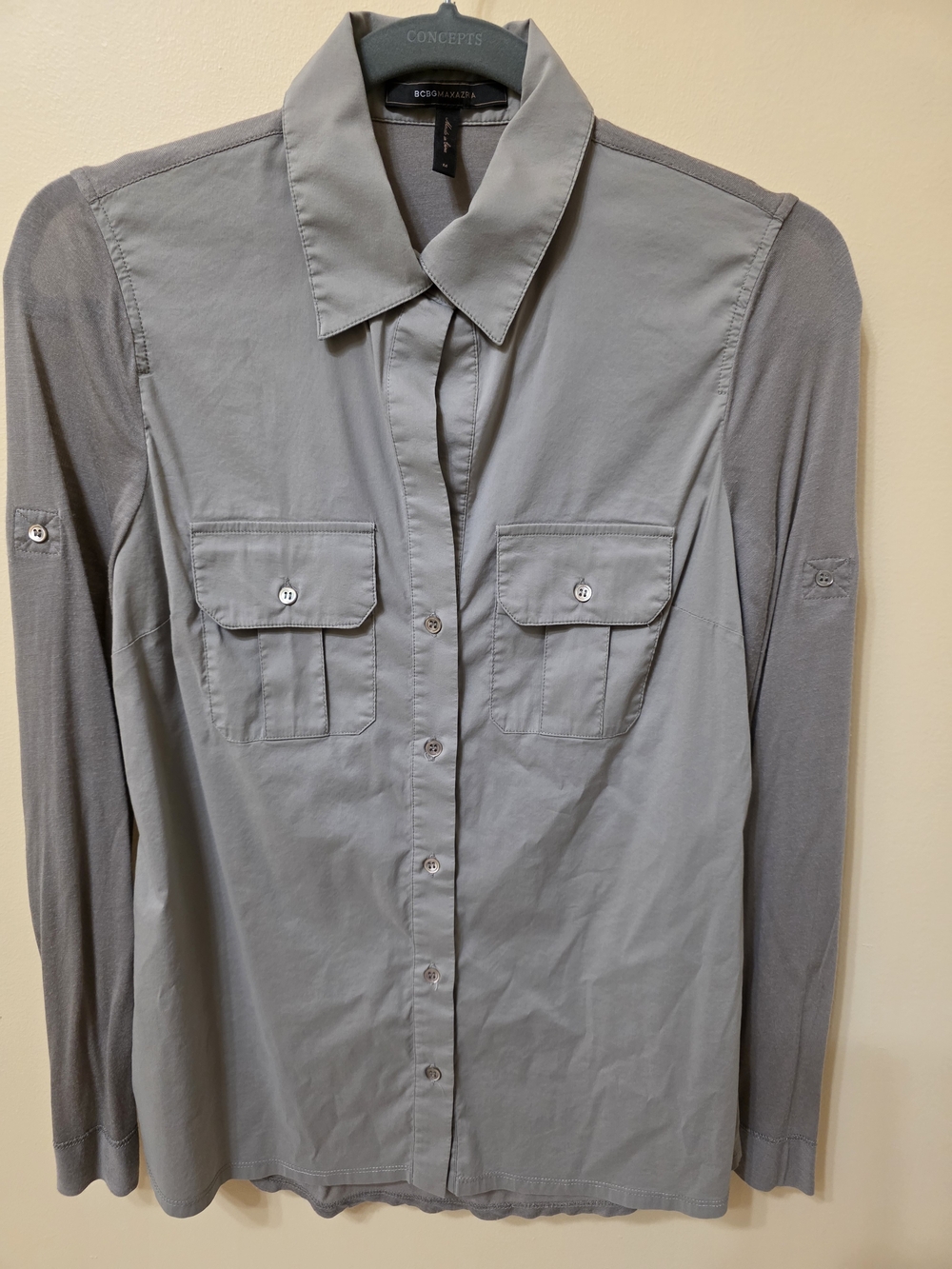 BCBGMAXAZRIA Womens Light Gray Button-Up Shirt Medium
